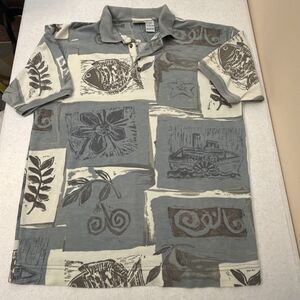 Bugle Boy Company Mens Lg Polo Shirt Nautical Fish Starfish Print Blue Gray Vtg